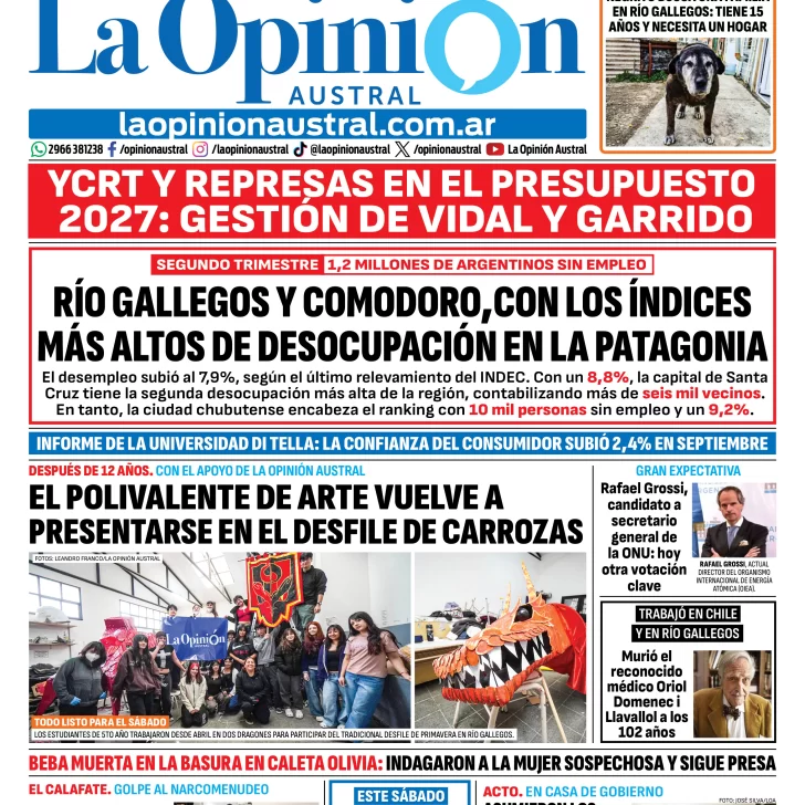 Tapa del Diario La Opinión Austral del viernes 18 de septiembre de 2026, Río Gallegos, Santa Cruz, Argentina Tapa del Diario La Opinión Austral del viernes 18 de septiembre de 2026, Río Gallegos, Santa Cruz, Argentina