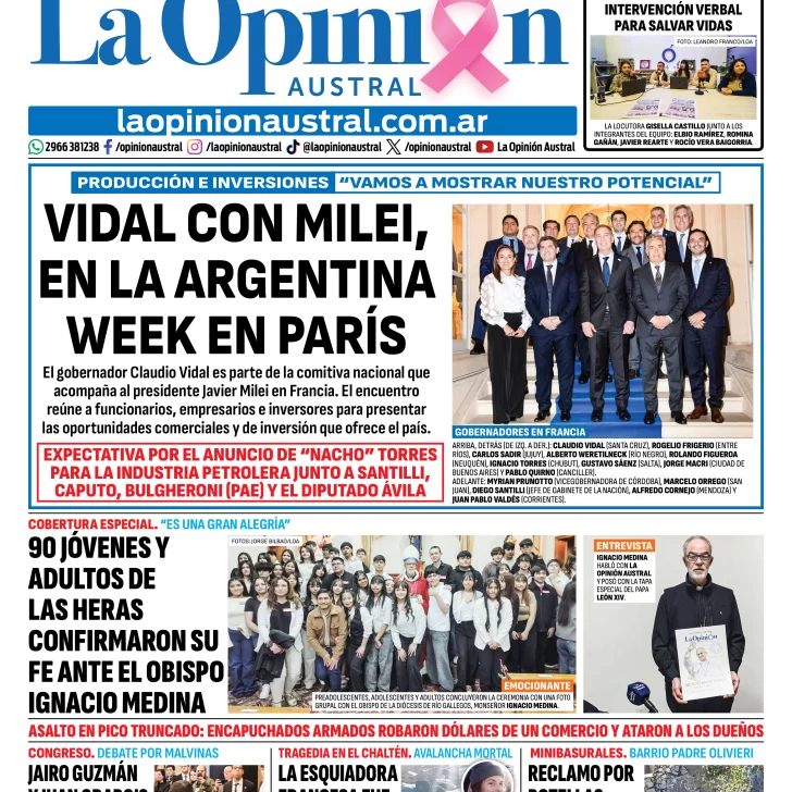 Tapa del Diario La Opinión Austral del jueves 1 de octubre de 2026, Río Gallegos, Santa Cruz, Argentina Tapa del Diario La Opinión Austral del jueves 1 de octubre de 2026, Río Gallegos, Santa Cruz, Argentina