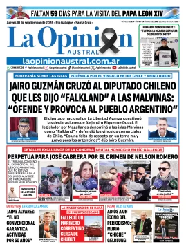 Tapa del Diario La Opinión Austral del jueves 10 de septiembre de 2026, Río Gallegos, Santa Cruz, Argentina Tapa del Diario La Opinión Austral del jueves 10 de septiembre de 2026, Río Gallegos, Santa Cruz, Argentina