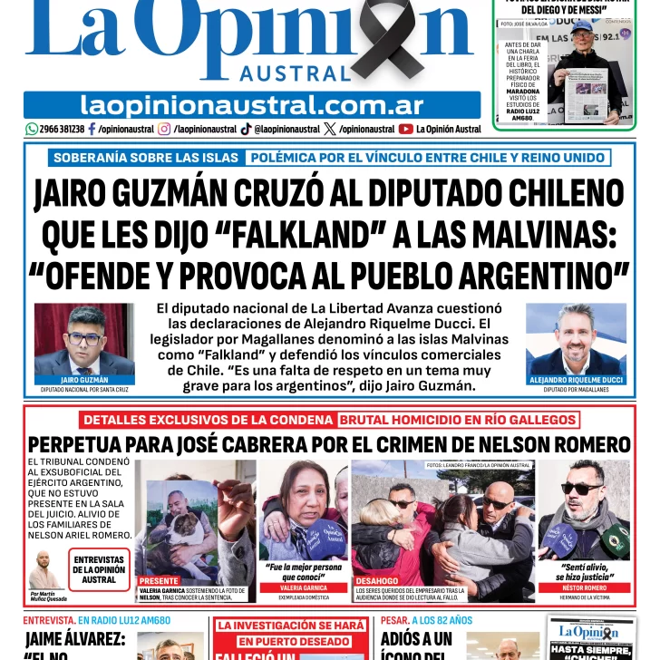 Tapa del Diario La Opinión Austral del jueves 10 de septiembre de 2026, Río Gallegos, Santa Cruz, Argentina Tapa del Diario La Opinión Austral del jueves 10 de septiembre de 2026, Río Gallegos, Santa Cruz, Argentina