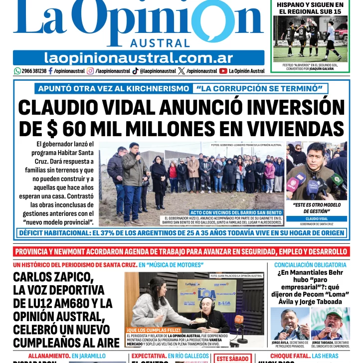 Tapa del Diario La Opinión Austral del martes 15 de septiembre de 2026, Río Gallegos, Santa Cruz, Argentina Tapa del Diario La Opinión Austral del martes 15 de septiembre de 2026, Río Gallegos, Santa Cruz, Argentina