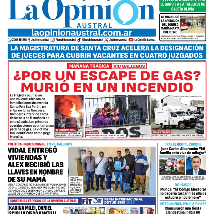 Tapa del Diario La Opinión Austral del domingo 27 de septiembre de 2026, Río Gallegos, Santa Cruz, Argentina Tapa del Diario La Opinión Austral del domingo 27 de septiembre de 2026, Río Gallegos, Santa Cruz, Argentina