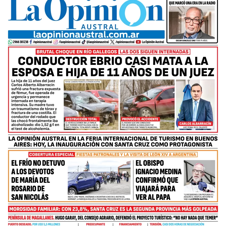 Tapa del Diario La Opinión Austral del sábado 26 de septiembre de 2026, Río Gallegos, Santa Cruz, Argentina Tapa del Diario La Opinión Austral del sábado 26 de septiembre de 2026, Río Gallegos, Santa Cruz, Argentina