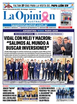 Tapa del Diario La Opinión Austral del viernes 2 de octubre de 2026, Río Gallegos, Santa Cruz, Argentina Tapa del Diario La Opinión Austral del viernes 2 de octubre de 2026, Río Gallegos, Santa Cruz, Argentina