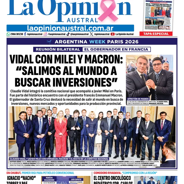 Tapa del Diario La Opinión Austral del viernes 2 de octubre de 2026, Río Gallegos, Santa Cruz, Argentina Tapa del Diario La Opinión Austral del viernes 2 de octubre de 2026, Río Gallegos, Santa Cruz, Argentina