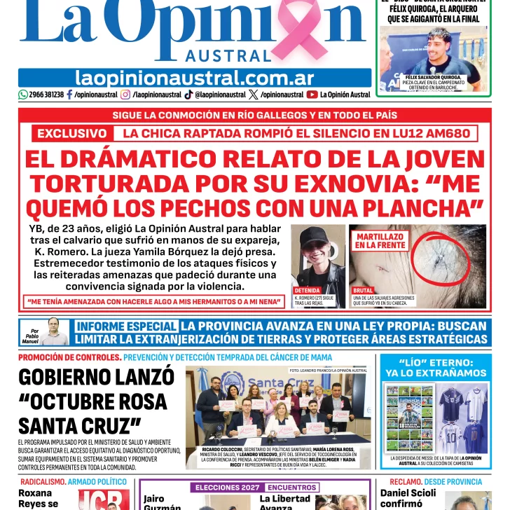 Tapa del Diario La Opinión Austral del martes 6 de octubre de 2026, Río Gallegos, Santa Cruz, Argentina Tapa del Diario La Opinión Austral del martes 6 de octubre de 2026, Río Gallegos, Santa Cruz, Argentina