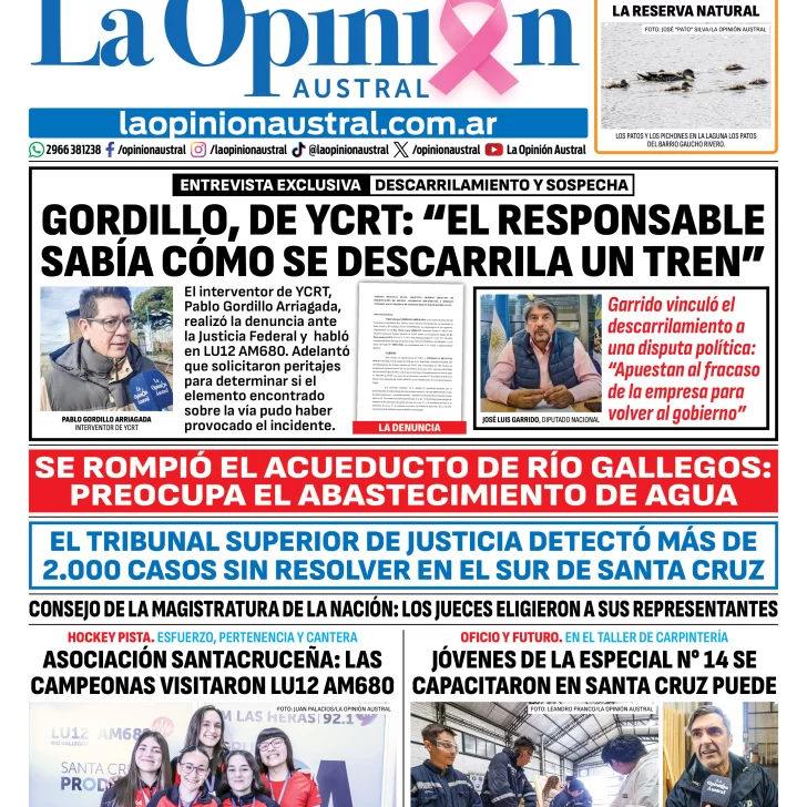 Tapa del Diario La Opinión Austral del viernes 9 de octubre de 2026, Río Gallegos, Santa Cruz, Argentina Tapa del Diario La Opinión Austral del viernes 9 de octubre de 2026, Río Gallegos, Santa Cruz, Argentina