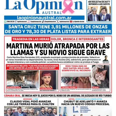 Tapa del Diario La Opinión Austral del martes 13 de octubre de 2026, Río Gallegos, Santa Cruz, Argentina