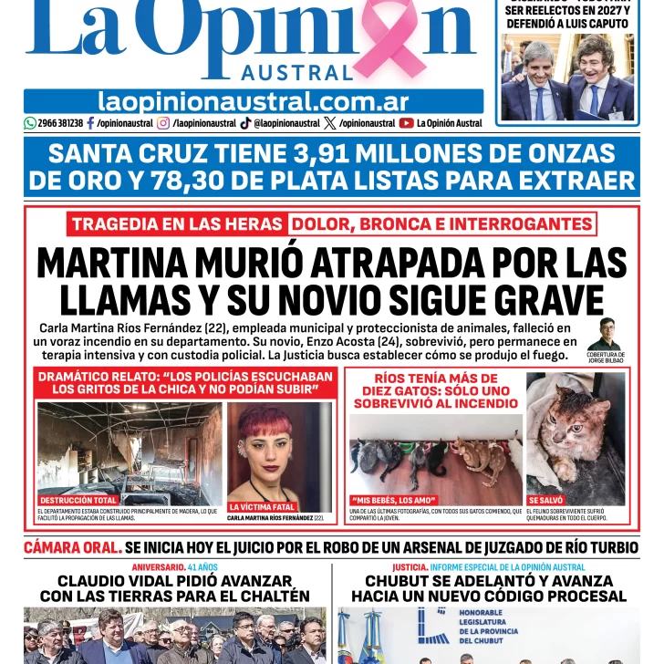 Tapa del Diario La Opinión Austral del martes 13 de octubre de 2026, Río Gallegos, Santa Cruz, Argentina Tapa del Diario La Opinión Austral del martes 13 de octubre de 2026, Río Gallegos, Santa Cruz, Argentina