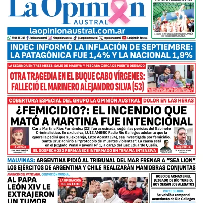 Tapa del Diario La Opinión Austral del miércoles 14 de octubre de 2026, Río Gallegos, Santa Cruz, Argentina