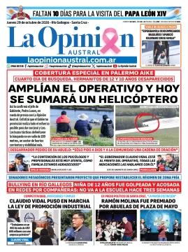Tapa del Diario La Opinión Austral del jueves 29 de octubre de 2026, Río Gallegos, Santa Cruz, Argentina Tapa del Diario La Opinión Austral del jueves 29 de octubre de 2026, Río Gallegos, Santa Cruz, Argentina