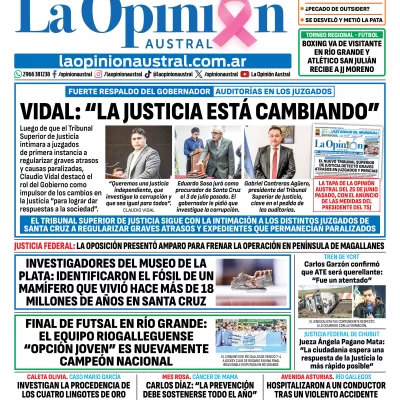 Tapa del Diario La Opinión Austral del domingo 11 de octubre de 2026, Río Gallegos, Santa Cruz, Argentina