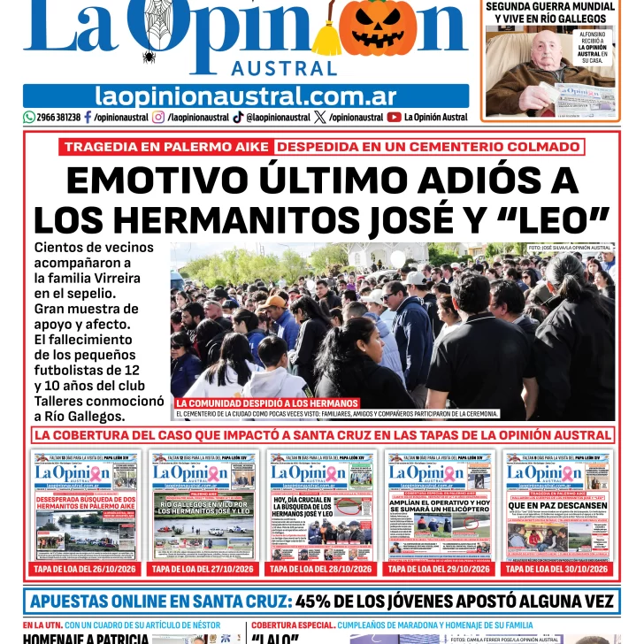 Tapa del Diario La Opinión Austral del sábado 31 de octubre de 2026, Río Gallegos, Santa Cruz, Argentina Tapa del Diario La Opinión Austral del sábado 31 de octubre de 2026, Río Gallegos, Santa Cruz, Argentina