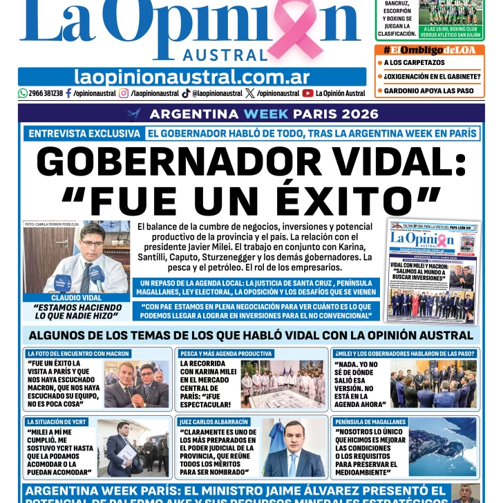 Tapa del Diario La Opinión Austral del domingo 4 de octubre de 2026, Río Gallegos, Santa Cruz, Argentina Tapa del Diario La Opinión Austral del domingo 4 de octubre de 2026, Río Gallegos, Santa Cruz, Argentina