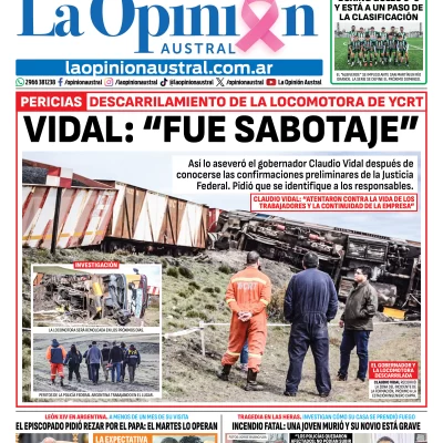 Tapa del Diario La Opinión Austral del lunes 12 de octubre de 2026, Río Gallegos, Santa Cruz, Argentina