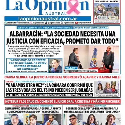 Tapa del Diario La Opinión Austral del sábado 24 de octubre de 2026, Río Gallegos, Santa Cruz, Argentina