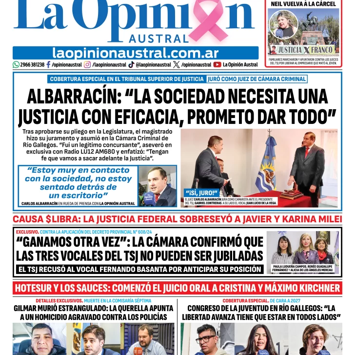 Tapa del Diario La Opinión Austral del sábado 24 de octubre de 2026, Río Gallegos, Santa Cruz, Argentina Tapa del Diario La Opinión Austral del sábado 24 de octubre de 2026, Río Gallegos, Santa Cruz, Argentina