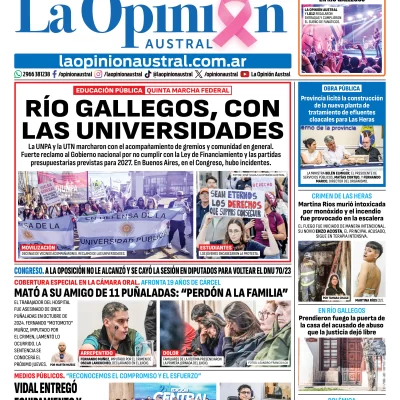 Tapa del Diario La Opinión Austral del viernes 16 de octubre de 2026, Río Gallegos, Santa Cruz, Argentina