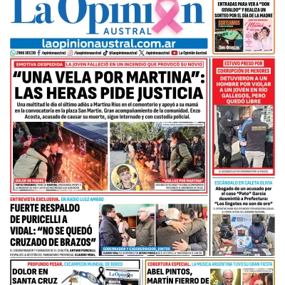 Tapa del Diario La Opinión Austral del jueves 15 de octubre de 2026, Río Gallegos, Santa Cruz, Argentina