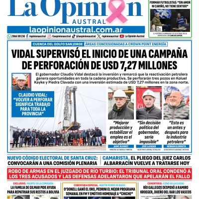 Tapa del Diario La Opinión Austral del jueves 22 de octubre de 2026, Río Gallegos, Santa Cruz, Argentina