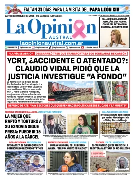 Tapa del Diario La Opinión Austral del jueves 8 de octubre de 2026, Río Gallegos, Santa Cruz, Argentina Tapa del Diario La Opinión Austral del jueves 8 de octubre de 2026, Río Gallegos, Santa Cruz, Argentina