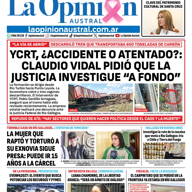Tapa del Diario La Opinión Austral del jueves 8 de octubre de 2026, Río Gallegos, Santa Cruz, Argentina Tapa del Diario La Opinión Austral del jueves 8 de octubre de 2026, Río Gallegos, Santa Cruz, Argentina
