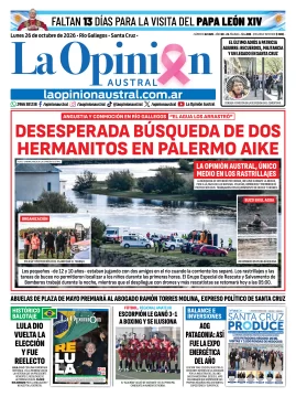 Tapa del Diario La Opinión Austral del lunes 26 de octubre de 2026, Río Gallegos, Santa Cruz, Argentina Tapa del Diario La Opinión Austral del lunes 26 de octubre de 2026, Río Gallegos, Santa Cruz, Argentina