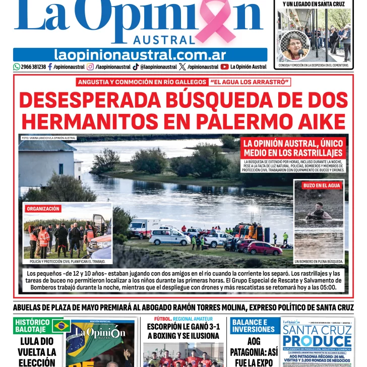 Tapa del Diario La Opinión Austral del lunes 26 de octubre de 2026, Río Gallegos, Santa Cruz, Argentina Tapa del Diario La Opinión Austral del lunes 26 de octubre de 2026, Río Gallegos, Santa Cruz, Argentina
