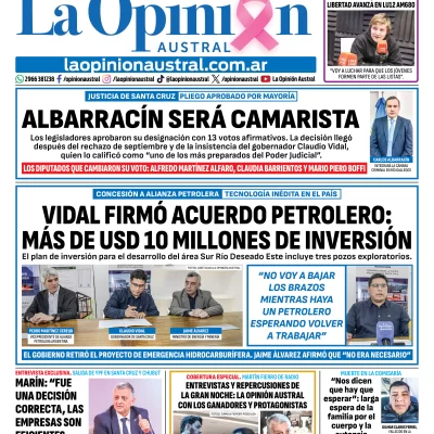 Tapa del Diario La Opinión Austral del viernes 23 de octubre de 2026, Río Gallegos, Santa Cruz, Argentina