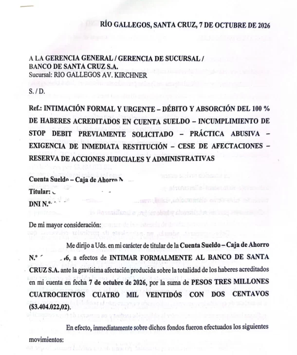  Denuncia presentada al Banco Santa Cruz por una de las damnificadas.